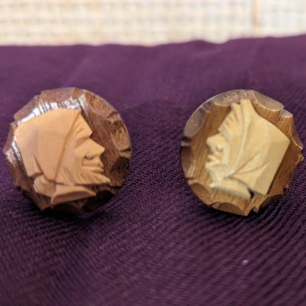 Vintage Wood Carved Cameo Screw back earrings